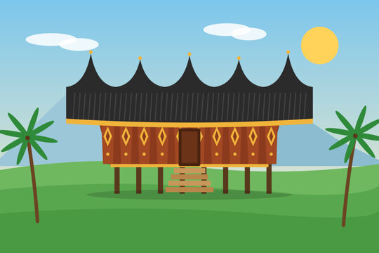 Rumah Gadang traditional Minangkabau house with curved gonjong roof, West Sumatra Indonesia, flat vector illustration