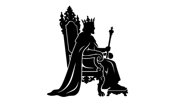 King silhouette on royal throne holding scepter majestic medieval monarch side profile vector icon