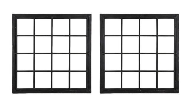 Two square black metal window frames with grid pattern isolated on transparent background