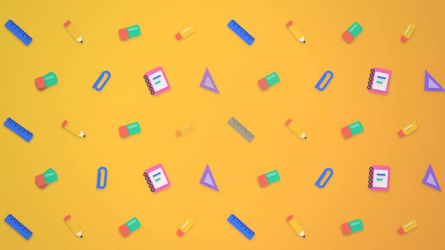 Colorful school stationery icons pattern moving on yellow, loop