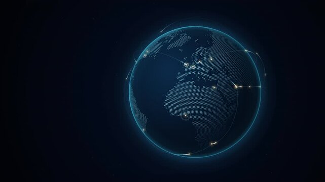 Dotted globe with glowing network arcs over Europe and Africa, loop