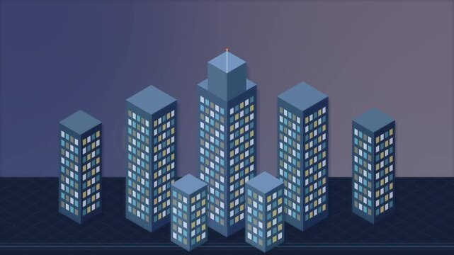 Pixel art city skyline building skyscraper isometric animation loop