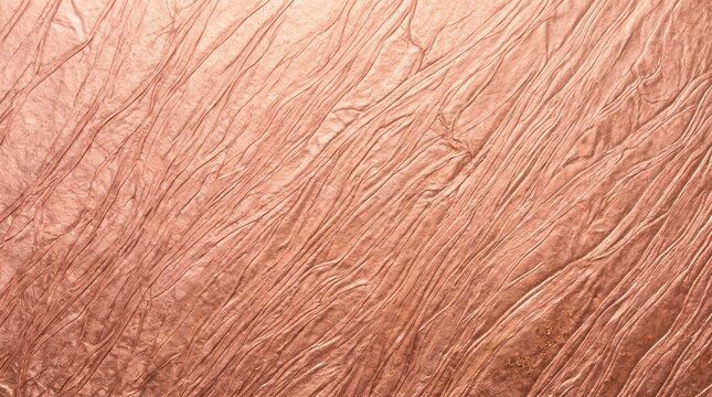 Rose gold metallic foil texture with diagonal wrinkles and crumpled surface, featuring luxury shimmer for wedding invitations, cosmetic packaging, and premium fashion branding.