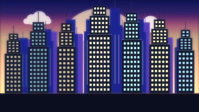 Pixel art city skyline animation with retro skyscrapers and glowing sunset backdrop