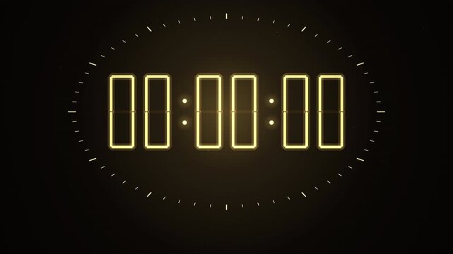 Digital countdown to midnight with glowing gold digits, loop