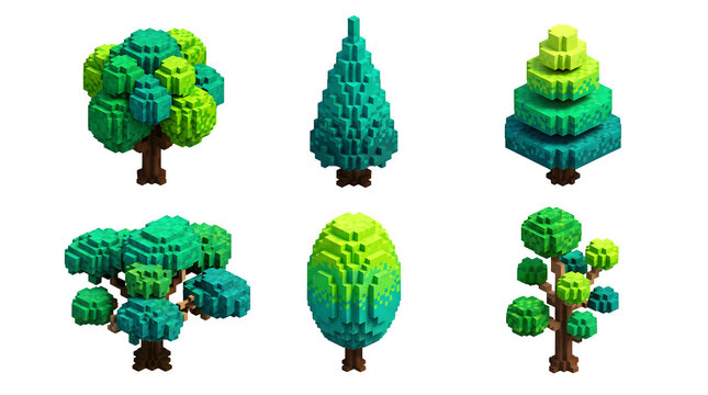 Set of voxel style isometric trees for game design isolated on transparent background