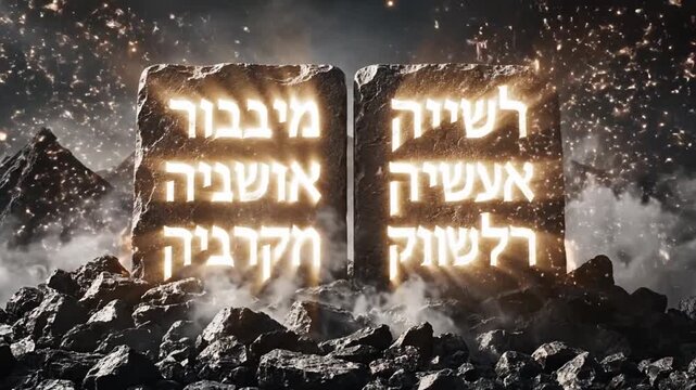 Dramatic representation of the ten commandments tablets with glowing hebrew text resting on mount sinai, a powerful biblical moment of divine law and covenant with smoke and fire