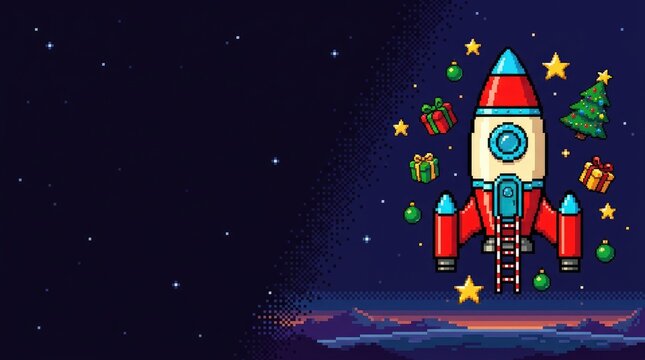 Pixel art Christmas rocket ship in outer space with gifts and stars