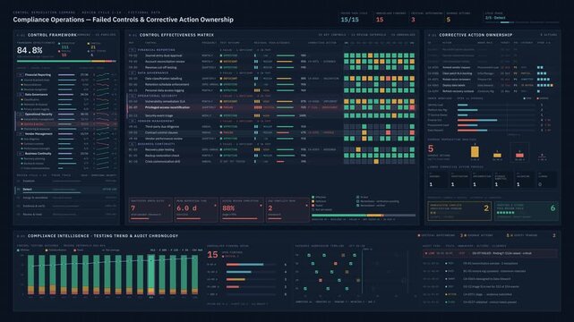 Cinematic compliance operations dashboard tracking failed controls, corrective action ownership, and remediation progress with dense enterprise data visualization.