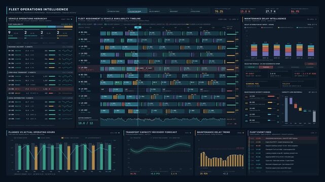 Sleek enterprise fleet operations dashboard tracking vehicle utilization, maintenance delays, and dispatch schedules with dynamic animated data visualizations for logistics management.