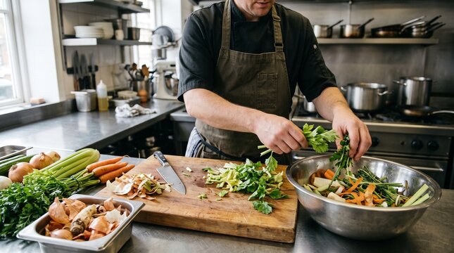 Chef sorting usable vegetable trimmings for stock preparation in a sustainable restaurant kitchen.