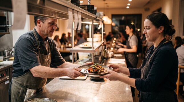 Professional chef handing a prepared dish to restaurant service staff in a modern open kitchen.