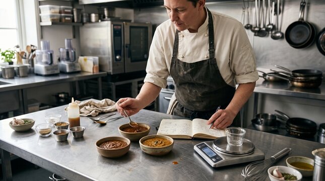 Culinary professional comparing sauce samples and recording observations during recipe development.