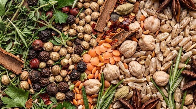 Natural culinary ingredients filling the entire frame with detailed herbs, spices, legumes and grains.