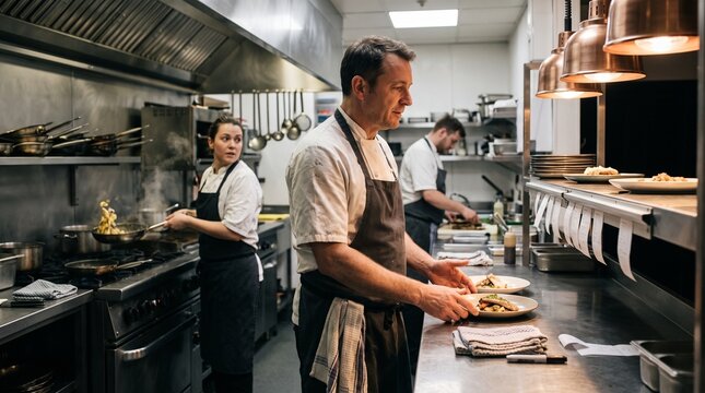 Head chef coordinating kitchen staff and restaurant orders during professional service.