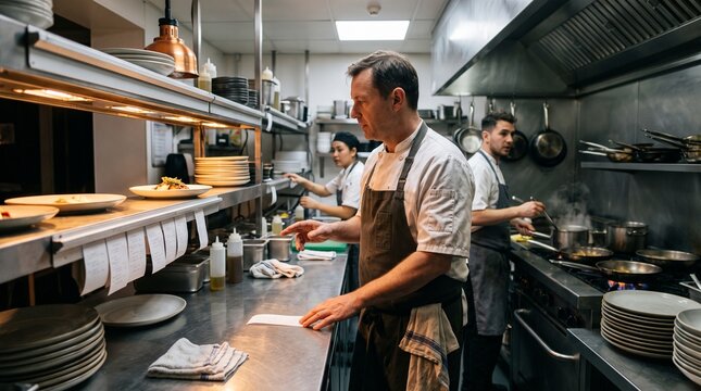 Head chef coordinating kitchen staff and restaurant orders during professional service.