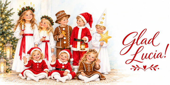 Swedish Santa Lucia greeting card with cheerful children in traditional Lucia procession costumes, watercolor and gouache illustration with handwritten Swedish text "Glad Lucia!"