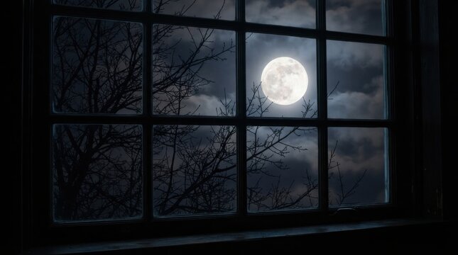 Full moon and bright moonlight shining through a dark night window over cloud filled sky