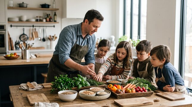 Chef guiding children through an interactive workshop exploring fresh ingredients and healthy food.