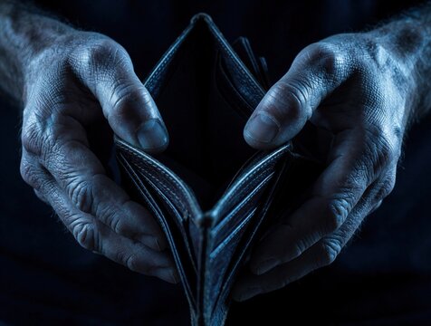 Close up of sweaty hands holding empty leather wallet. Man shows broke status in dark blue lighting. Financial crisis, debt, poverty, bankruptcy concept. Person feels stress, despair, loss of money