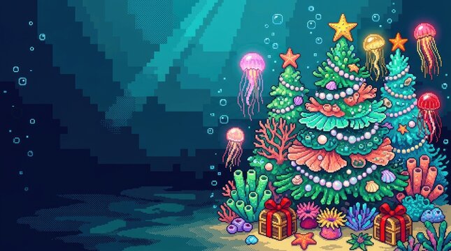 Pixel art underwater christmas trees with glowing jellyfish and coral reefs