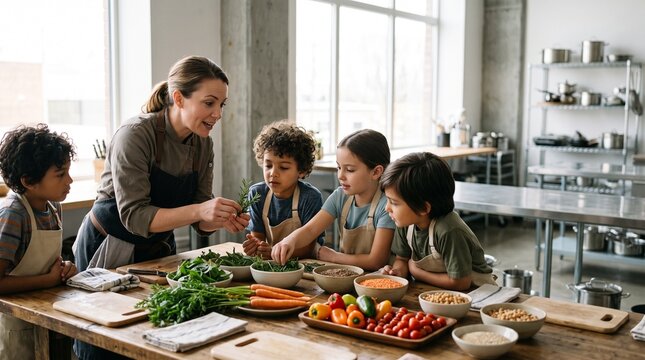 Chef guiding children through an interactive workshop exploring fresh ingredients and healthy food.