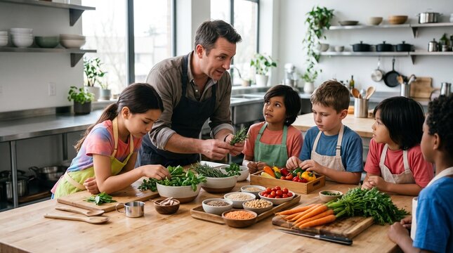 Chef guiding children through an interactive workshop exploring fresh ingredients and healthy food.