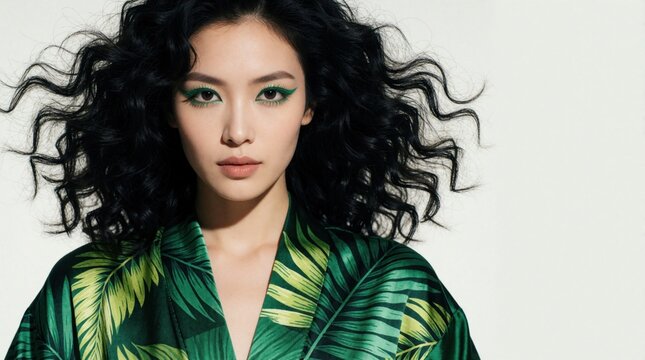 Beautiful young Asian woman with long wavy black hair poses for fashion shoot. Model wears green tropical leaf print robe, bold emerald eyeliner. Elegant lady shows glamorous makeup, stylish