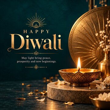Elegant Happy Diwali Greeting Card with Golden Brass Diya on Midnight Teal Background