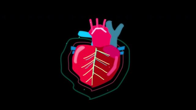 Pixel art human heart animation loop displaying anatomical organ pulsing with vibrant colors, retro gaming style element