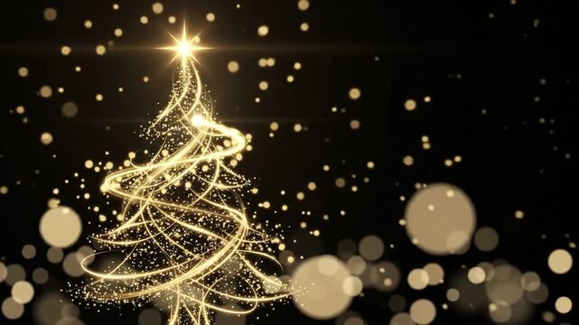Gold Spiral Light Trail Christmas Tree Animation,  Glowing Spiral Draw-On with Bright Star Topper, Gold Particles and Bokeh on Black Background, 4K Seamless Loop