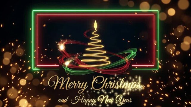 Merry Christmas and Happy New Year Neon Frame Animation, Gold Spiral Tree with Red Green Orbital Rings, Spark Particles and Script Text on Dark Background, 4K Seamless Loop