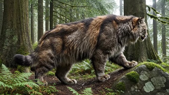 Fierce prehistoric cat, homotherium, prowling through a dense, ancient forest, its warm breath visible in the cold air as it moves stealthily over moss covered ground and rocks
