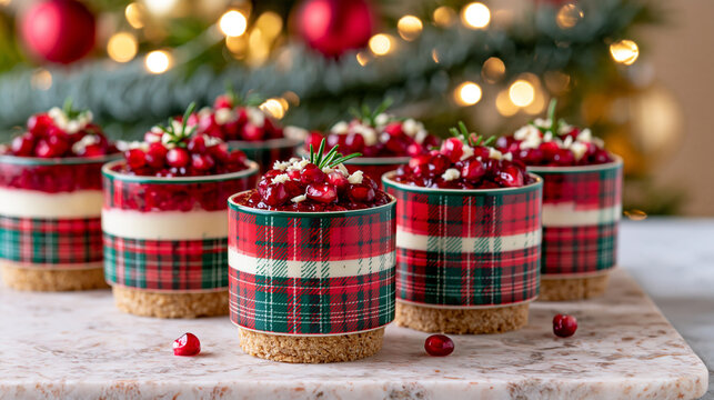 華やかなチェック柄カップに並ぶクリスマスデザート | 暖色の光