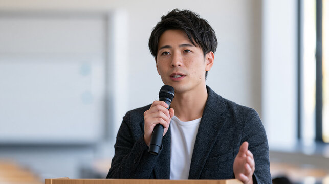 演台でマイクを持ち堂々と話す20代の男性講師 | ぼかし背景