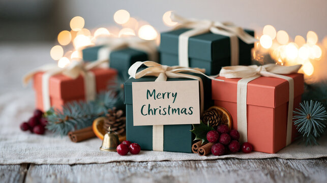 クリスマスのメッセージタグが付いたギフトボックス | 暖色の玉ボケ