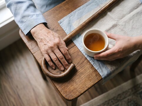 Top-down view of an elderly hand resting on a wooden cane while a younger hand places a cup of tea on a small table in window light