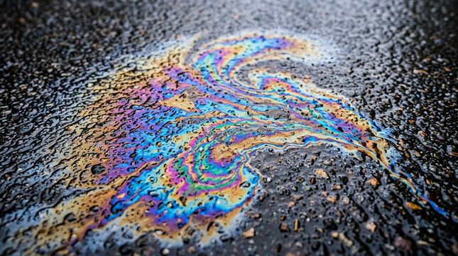 Iridescent Oil Spill on Asphalt Road Surface