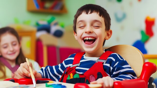 Boy laughing cheerfully while holding paintbrush in colorful kindergarten classroom with another child sitting nearby