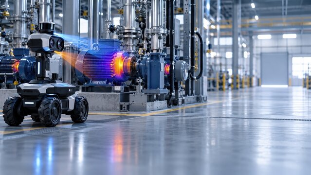 Autonomous inspection robot monitoring industrial motor with thermal imaging and copy space