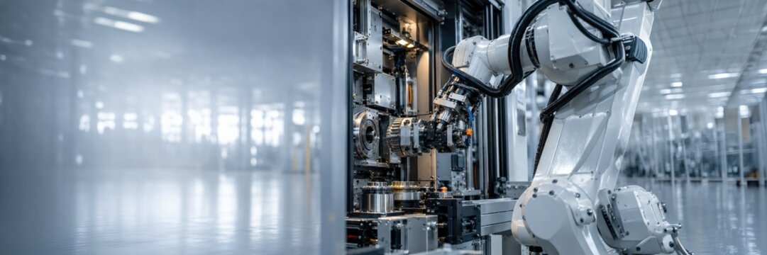 Industrial robotic arm machining precision components in automated smart factory with copy space