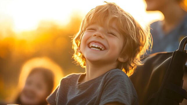 Happy little boy laughing joyfully outdoors in warm golden hour sunlight with blurred family background elements