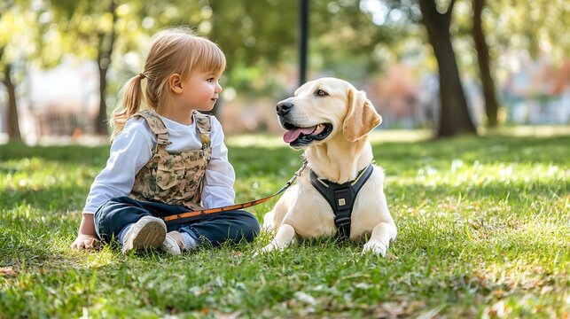Toddler girl sitting on green grass outdoors interacting happily with friendly golden retriever dog in park
