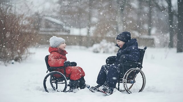 Disabled children in wheelchairs playing together outdoors during snowy winter day wearing warm winter clothing jackets hats
