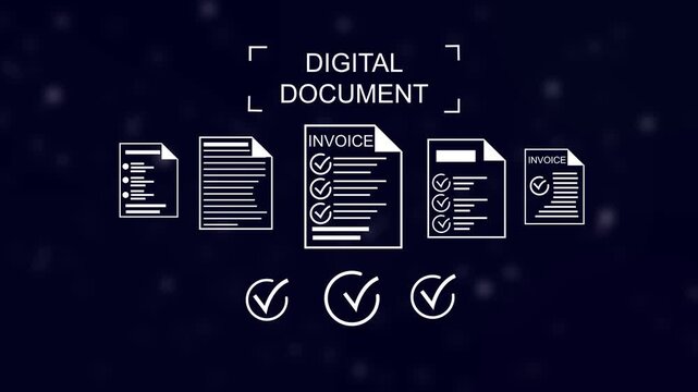 Digital 111111 process invoices and checkmarks symbolizing approval and documentation accuracy Gluon. 4k animation