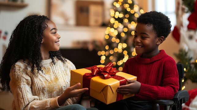 Children exchanging Christmas gifts indoors with glowing tree lights in background during winter holiday season celebration