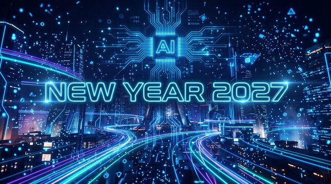 Futuristic digital city skyline glowing with artificial intelligence symbols for the year 2027 celebration