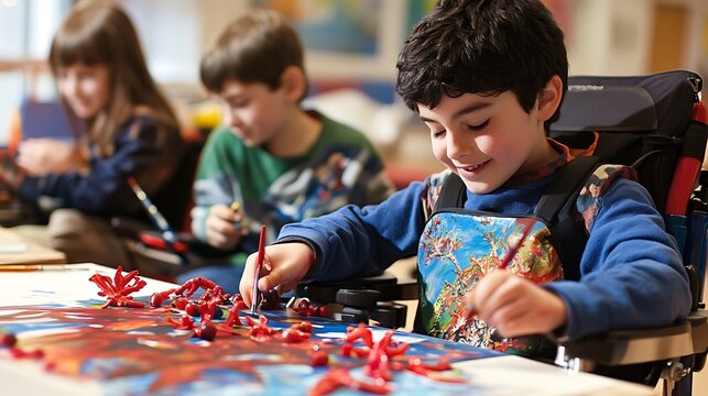 Disabled child painting with colorful brushes alongside classmates in a bright creative classroom during art lesson