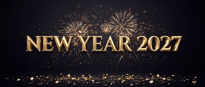 New year twenty twenty seven golden typography banner with glowing festive fireworks celebration dark background
