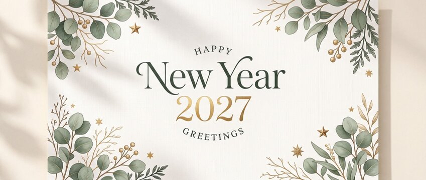 Happy New Year 2027 greeting card design with green botanical leaves and golden stars